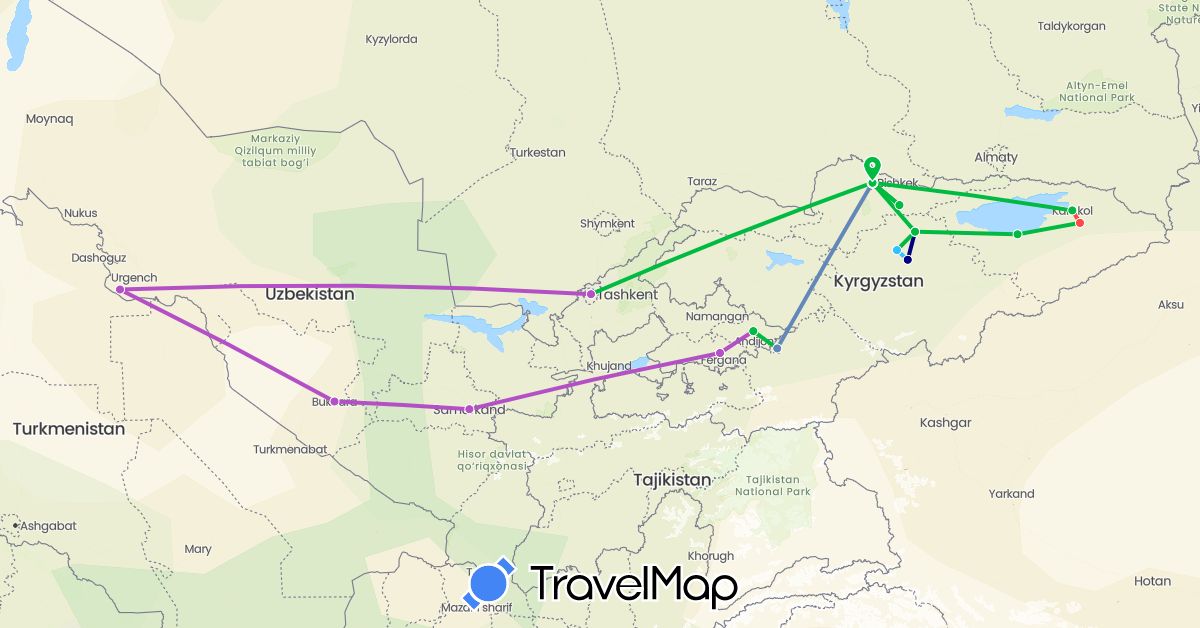 TravelMap itinerary: driving, bus, cycling, train, hiking, boat in Kyrgyzstan, Uzbekistan (Asia)